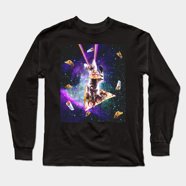 Outer Space Pizza Cat - Rainbow Laser, Taco, Burrito Long Sleeve T-Shirt by Random Galaxy